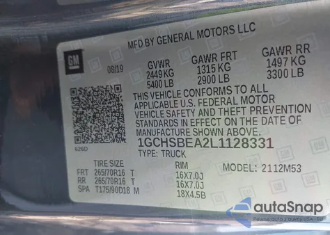 2020 Chevrolet Colorado 2Wd Long Box Wt из США, поврежденный, VIN 1GCHSBEA2L1128331